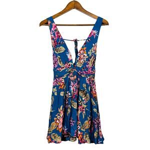 E2 Boho Floral Deep V Top Mini Dress Blouse Floral Print Blue Pink - XS
